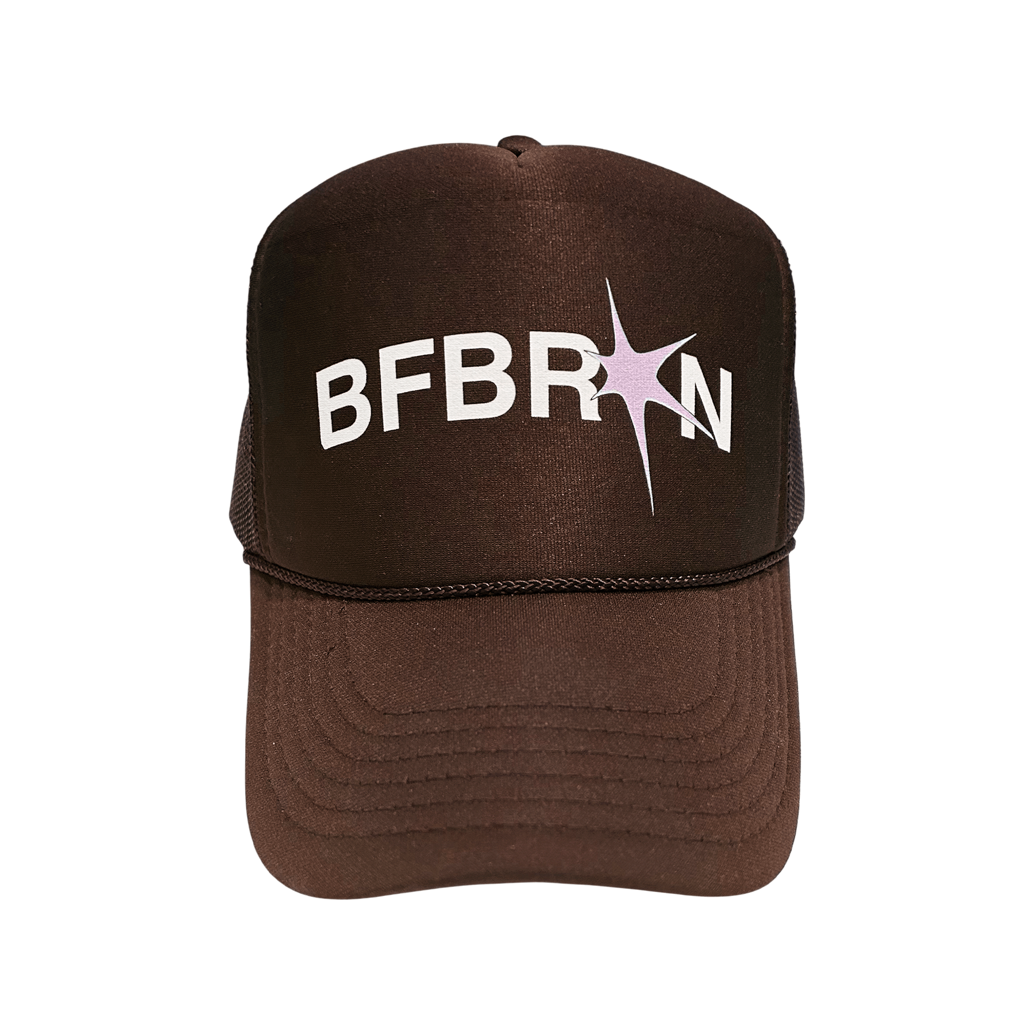 BFBRKN Trucker (Brown) hat with a structured silhouette and adjustable fit, featuring a color-match under brim.